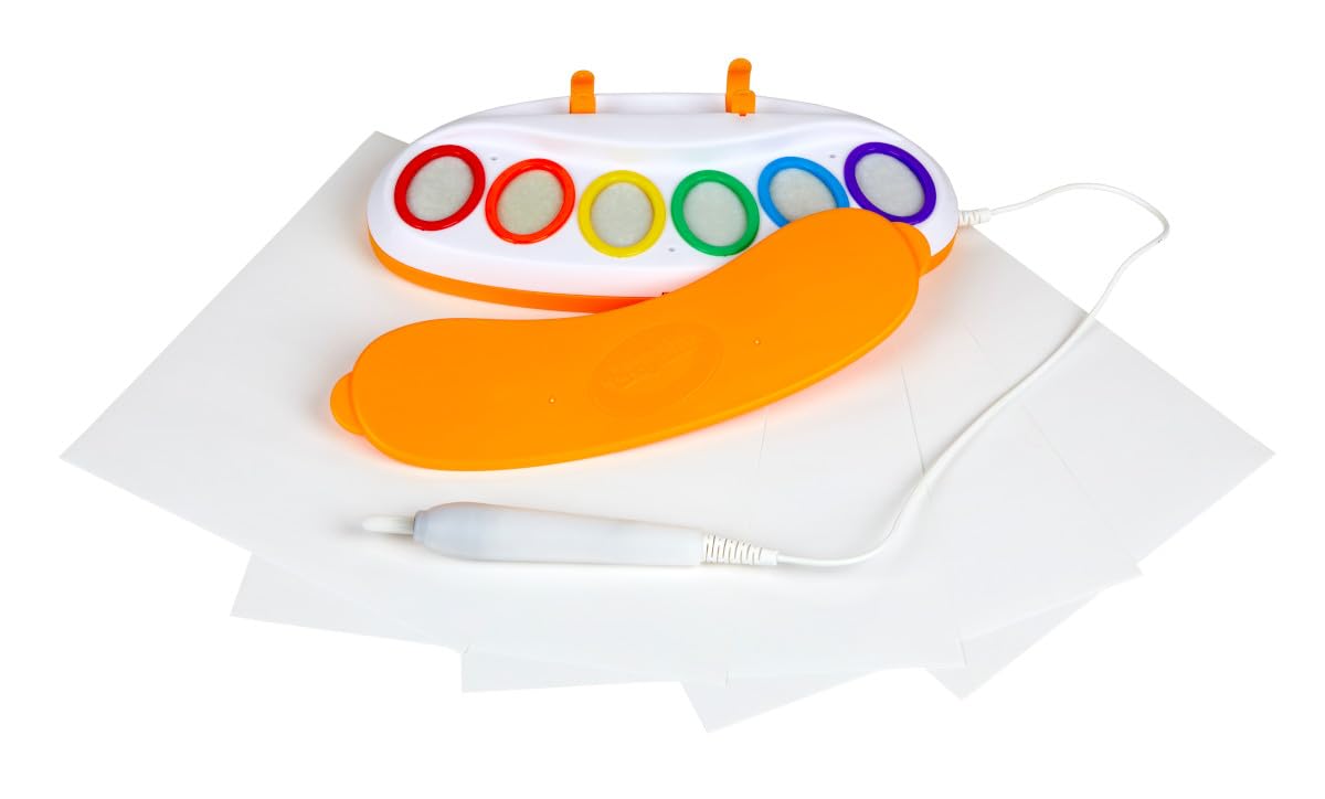 Crayola kit beside a child’s hand to show compact size and portability