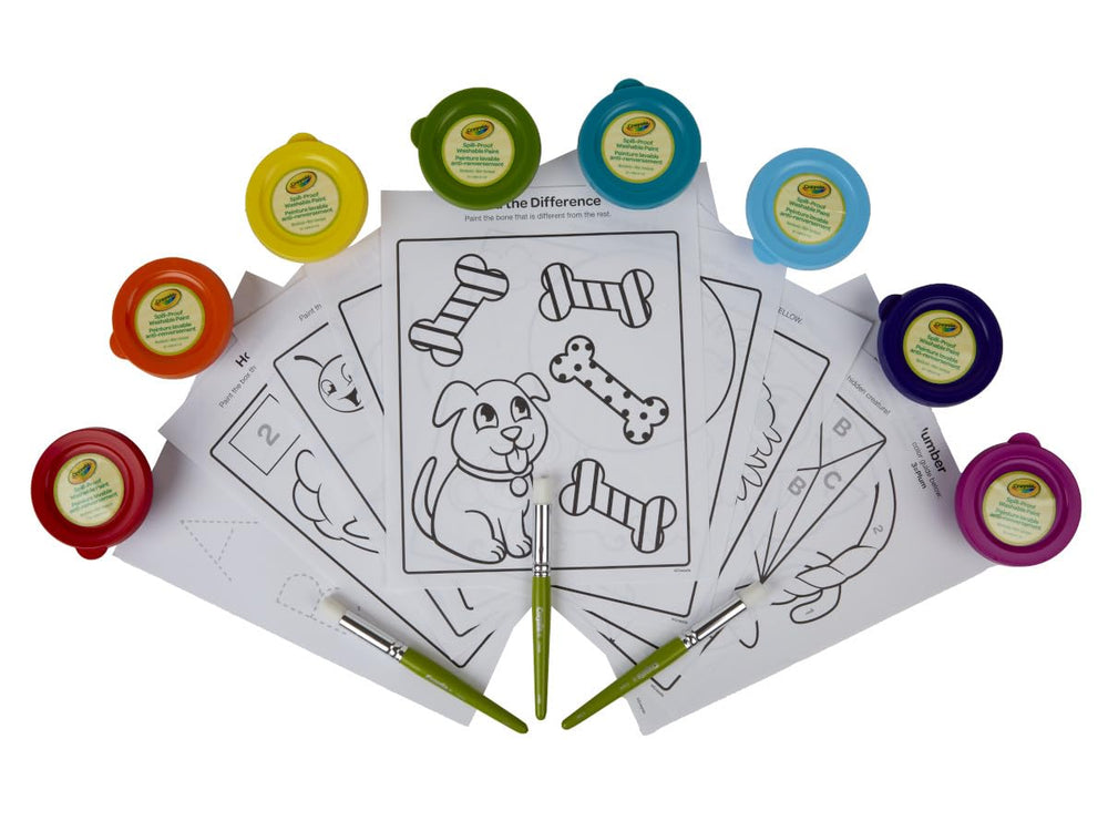 Crayola paint set beside a toddler hand showing scale and kid-friendly size benefits