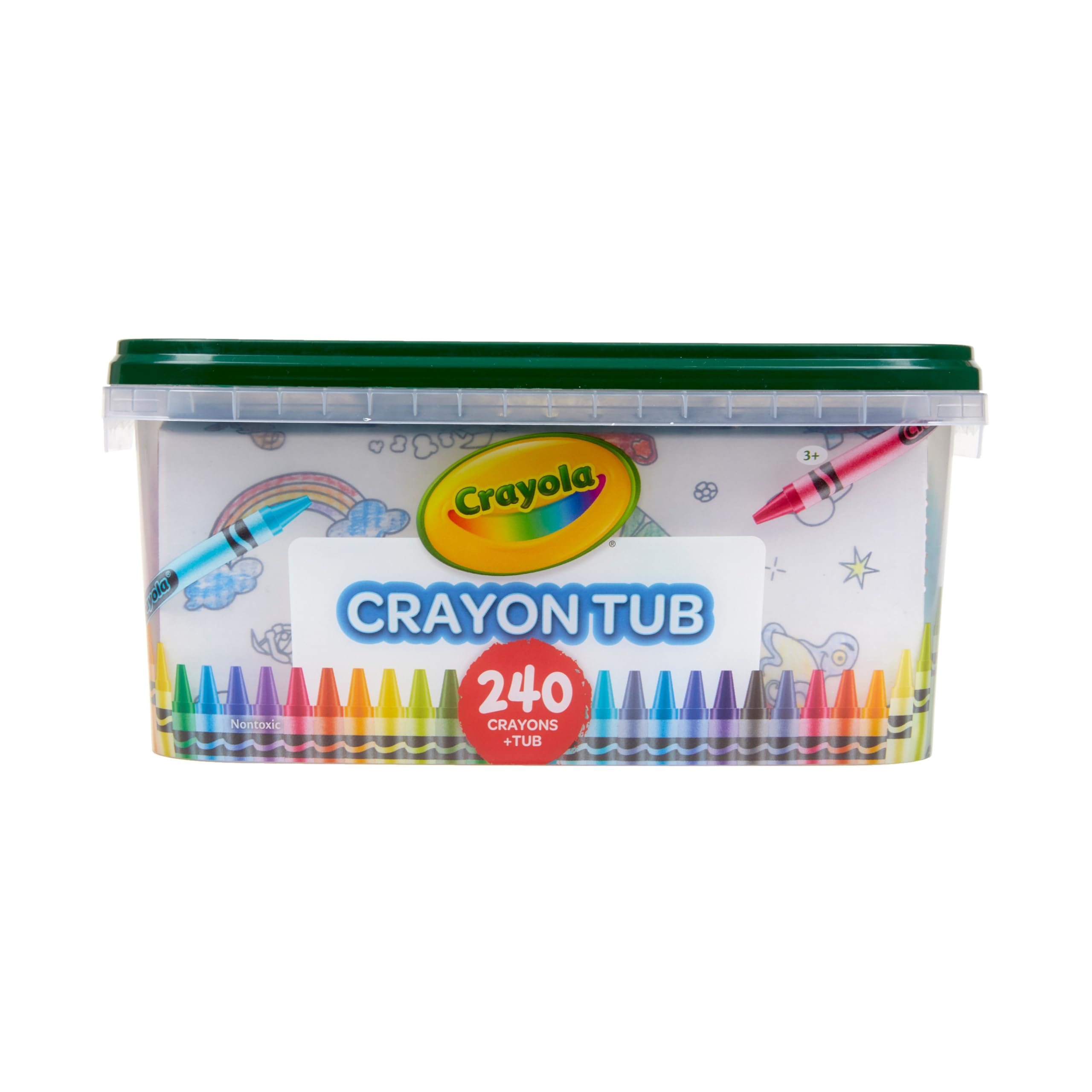 Crayola open tub full of colorful crayons ready for classroom use