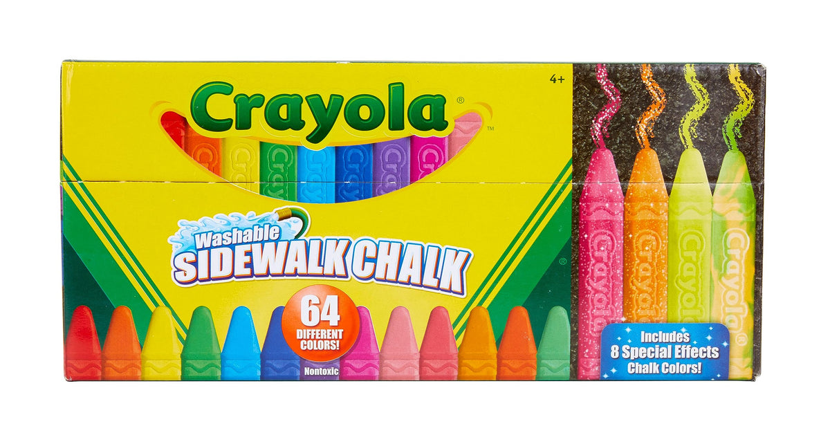 Crayola box front view showing 64-count chalk for vibrant outdoor play