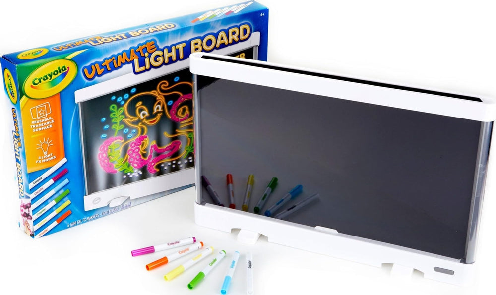 Crayola ultimate light board front view showing white frame and illuminated drawing for creative play
