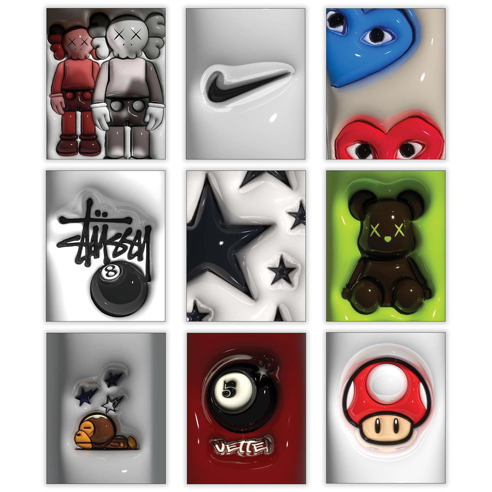 CREAARO front display of nine 8x10 prints showing bold streetwear visuals and instant room impact