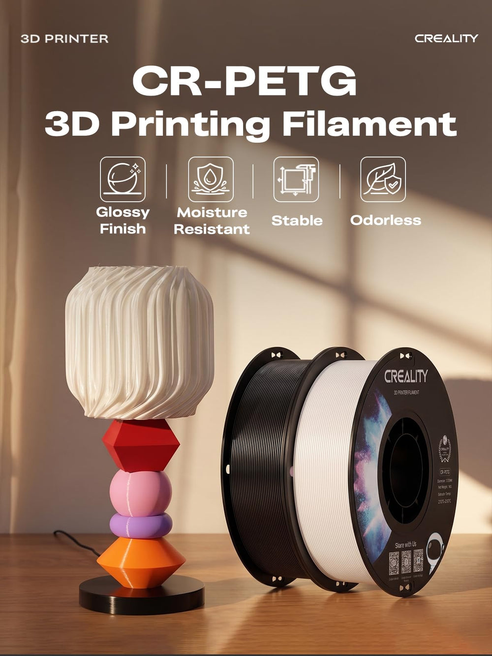 Creality PETG surface close-up showing glossy texture and sharp detail for polished prints
