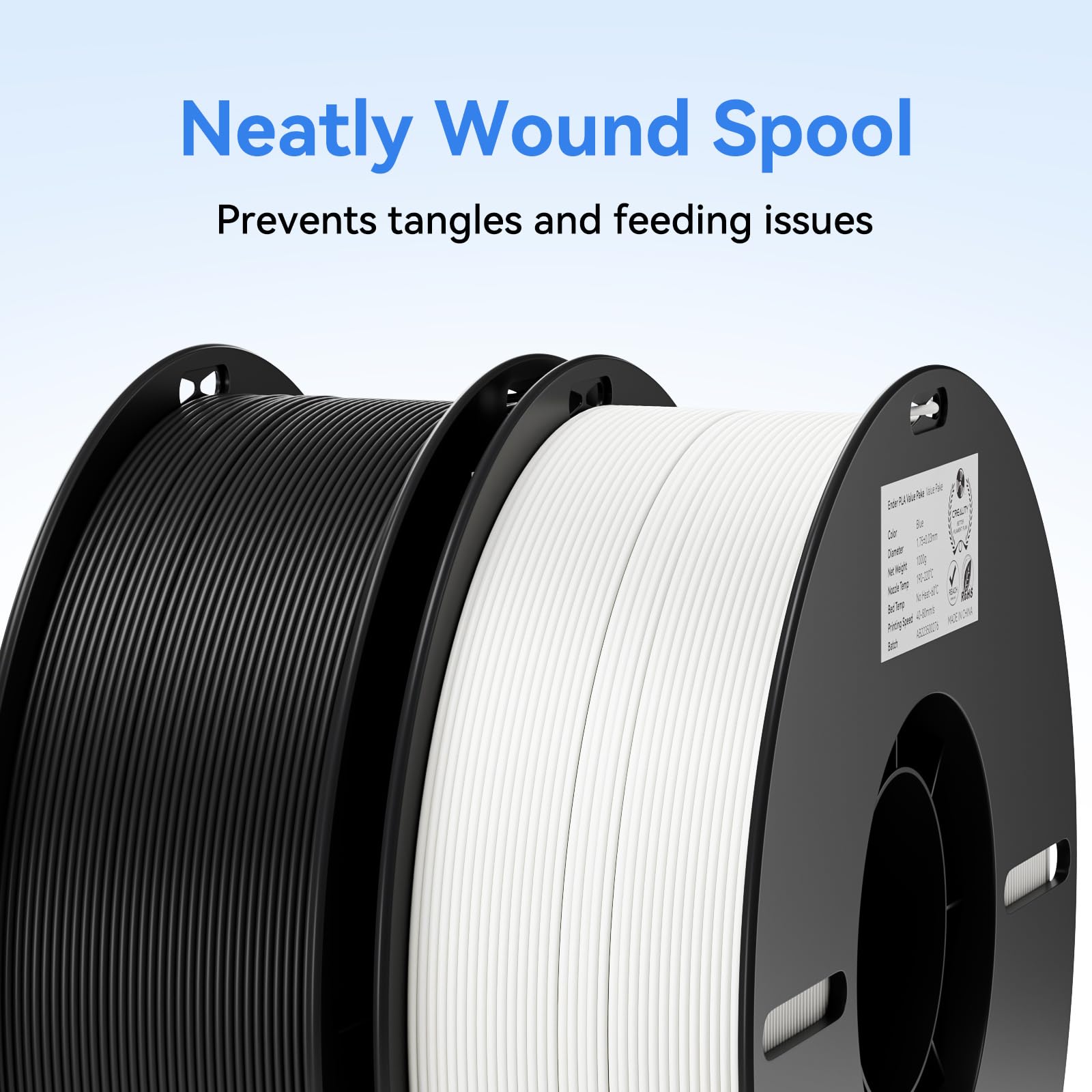 Creality PLA spools loaded in an FDM printer for uninterrupted printing