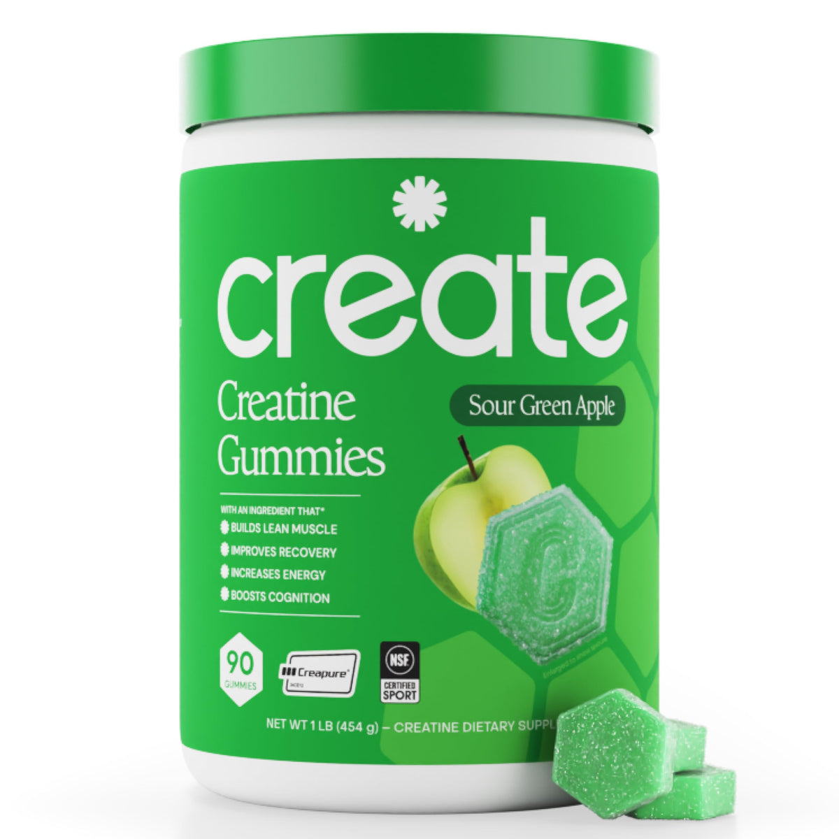 Create front packaging sour green apple showing product and benefits