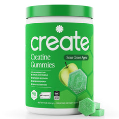 Create front packaging sour green apple showing product and benefits