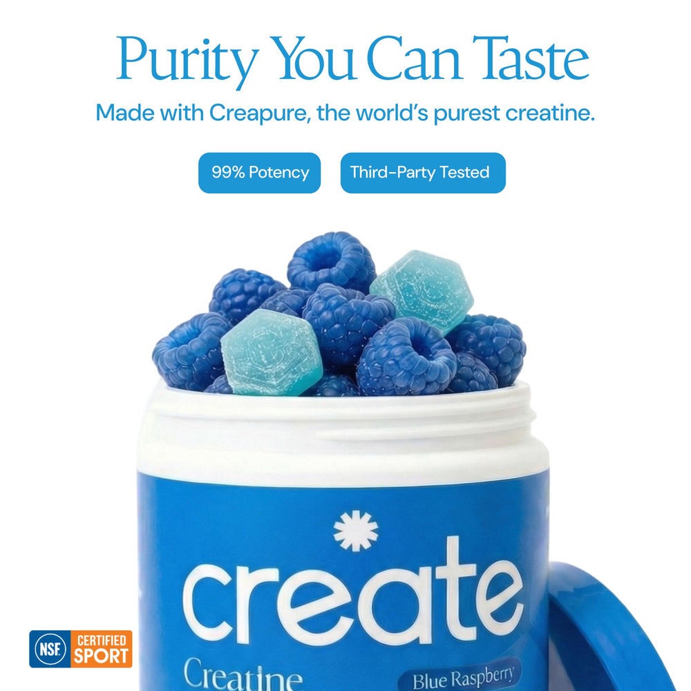 Create gummies next to a scoop of powder showing a mess-free alternative to powdered creatine