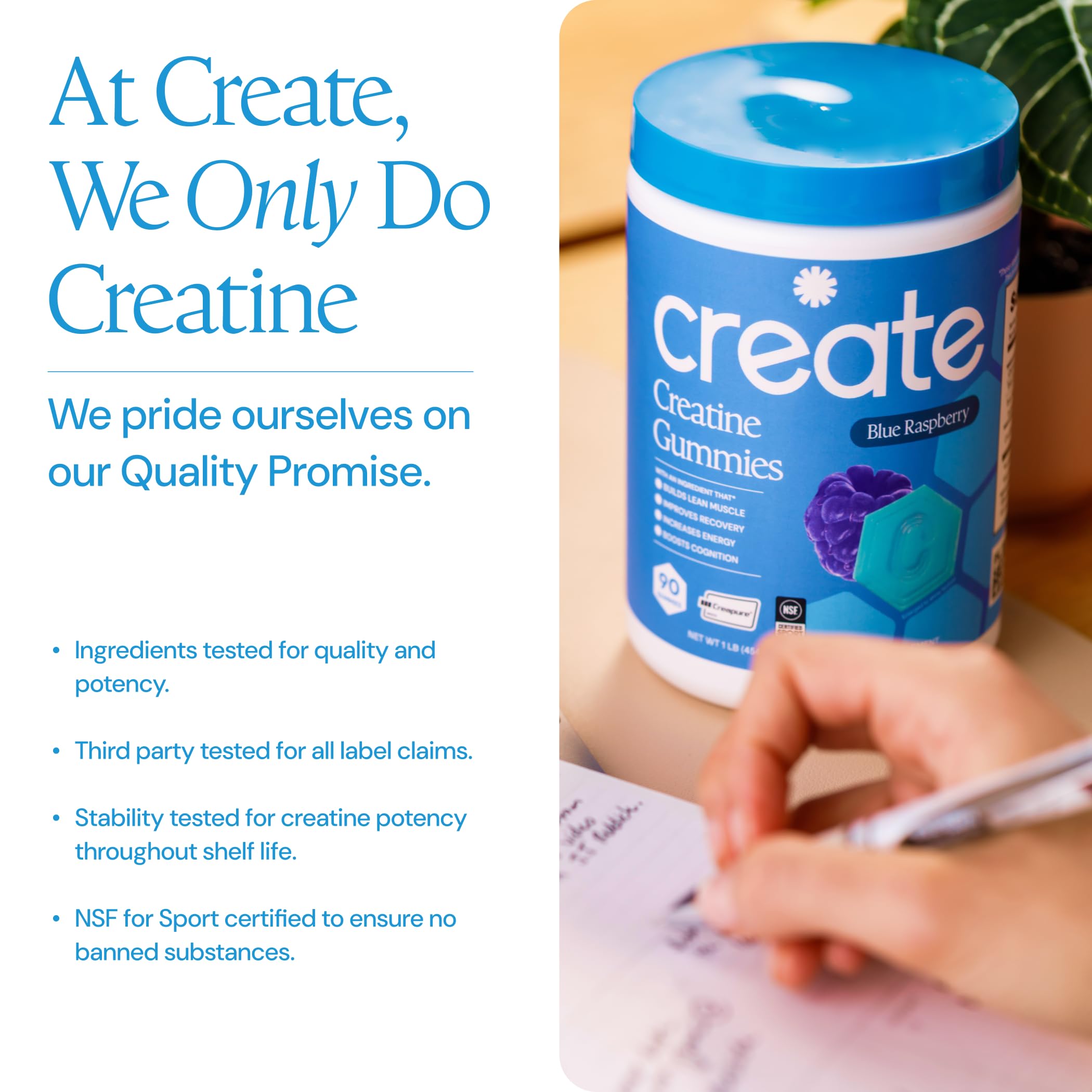 Create product label and supplement facts close-up showing third-party testing and ingredient clarity
