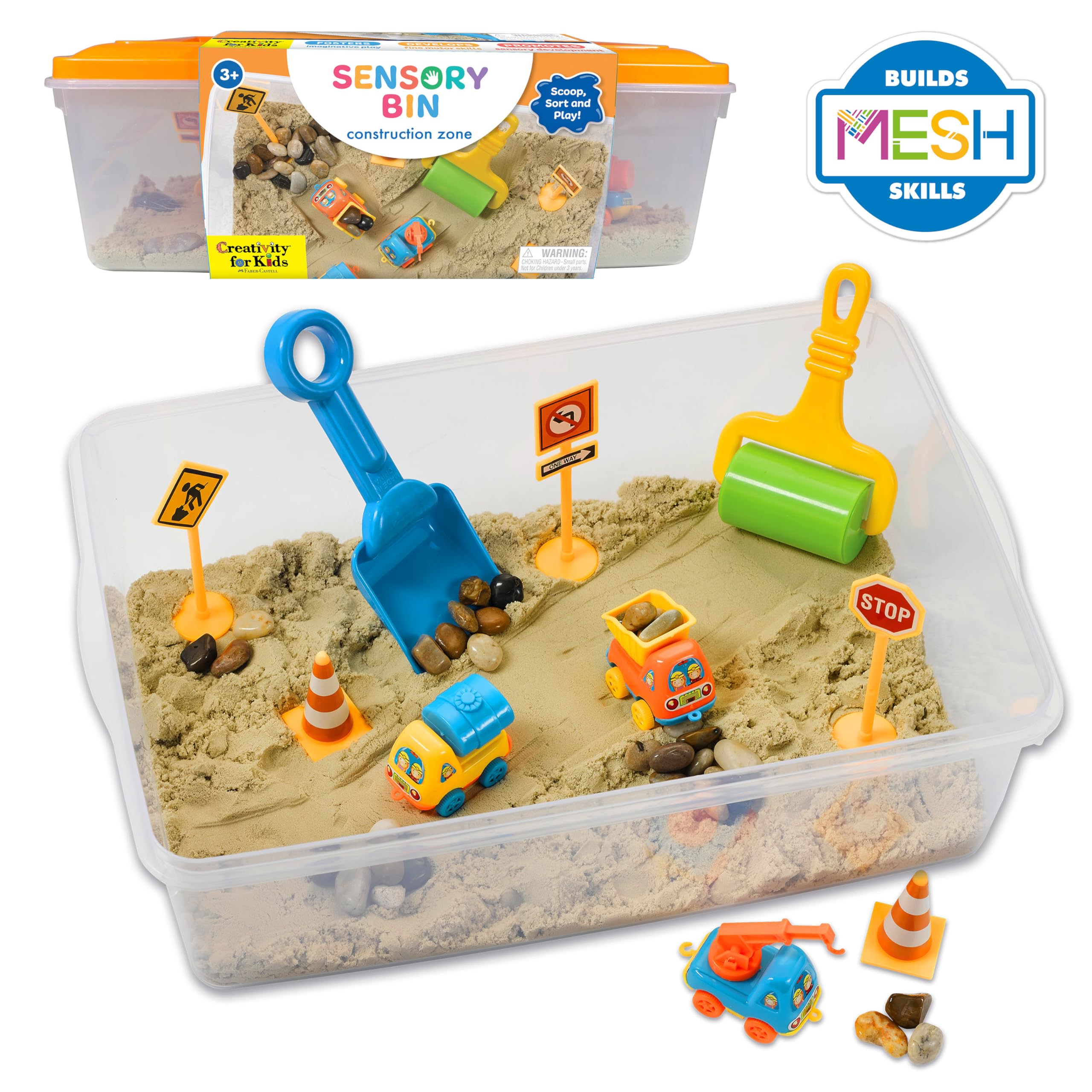 Creativity for Kids bin next to a child’s hand showing scale and age-appropriate sizing