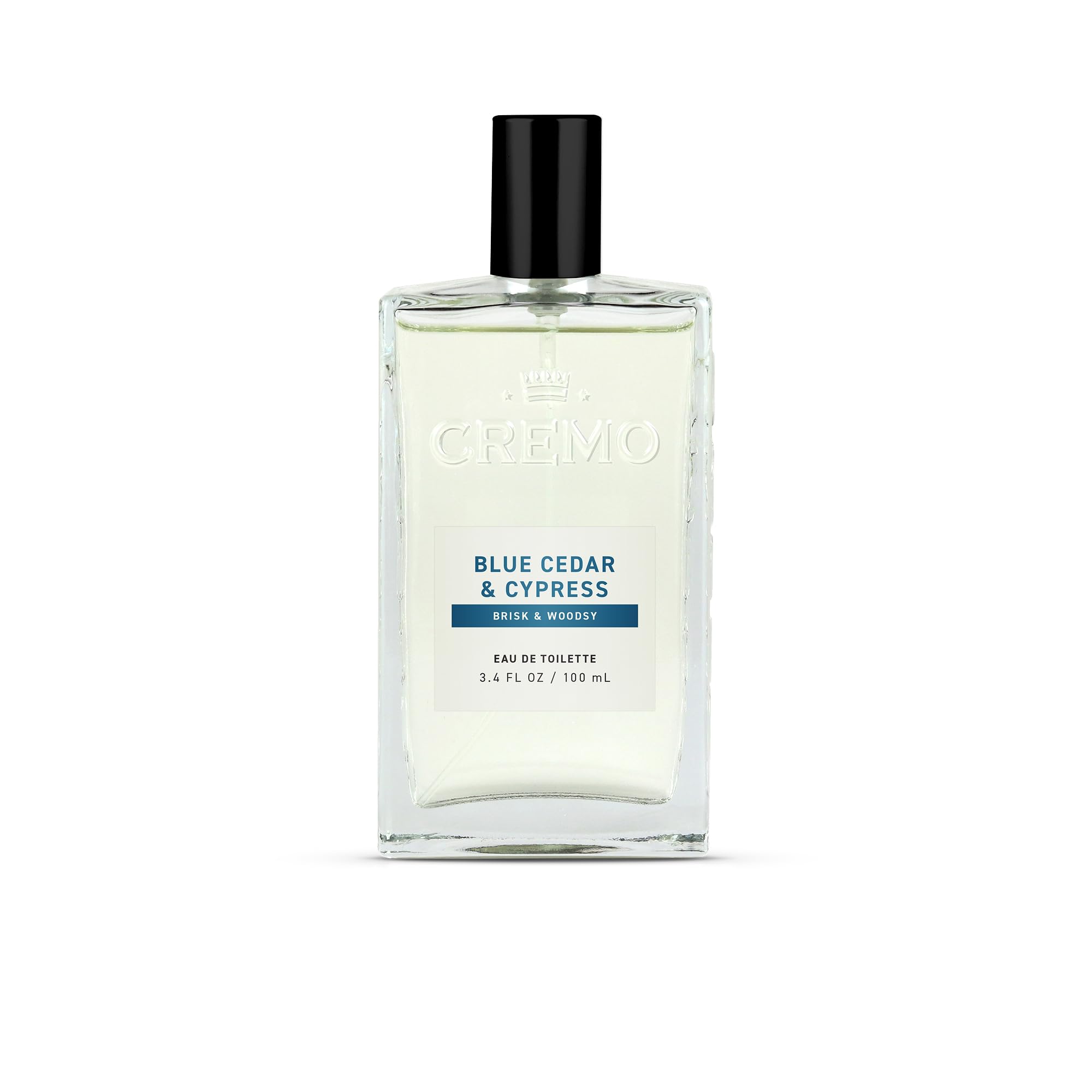 Cremo front bottle showing Blue Cedar & Cypress label and premium design benefit