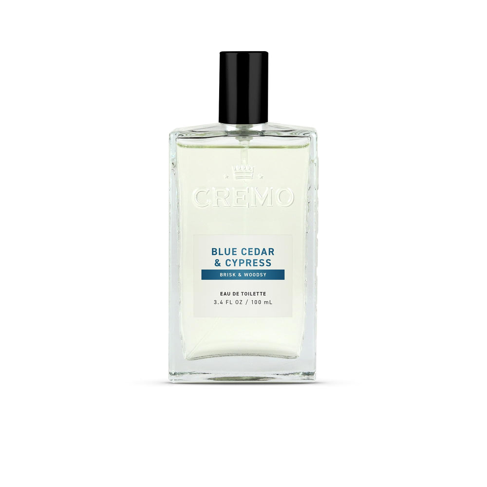 Cremo front bottle showing Blue Cedar & Cypress label and premium design benefit