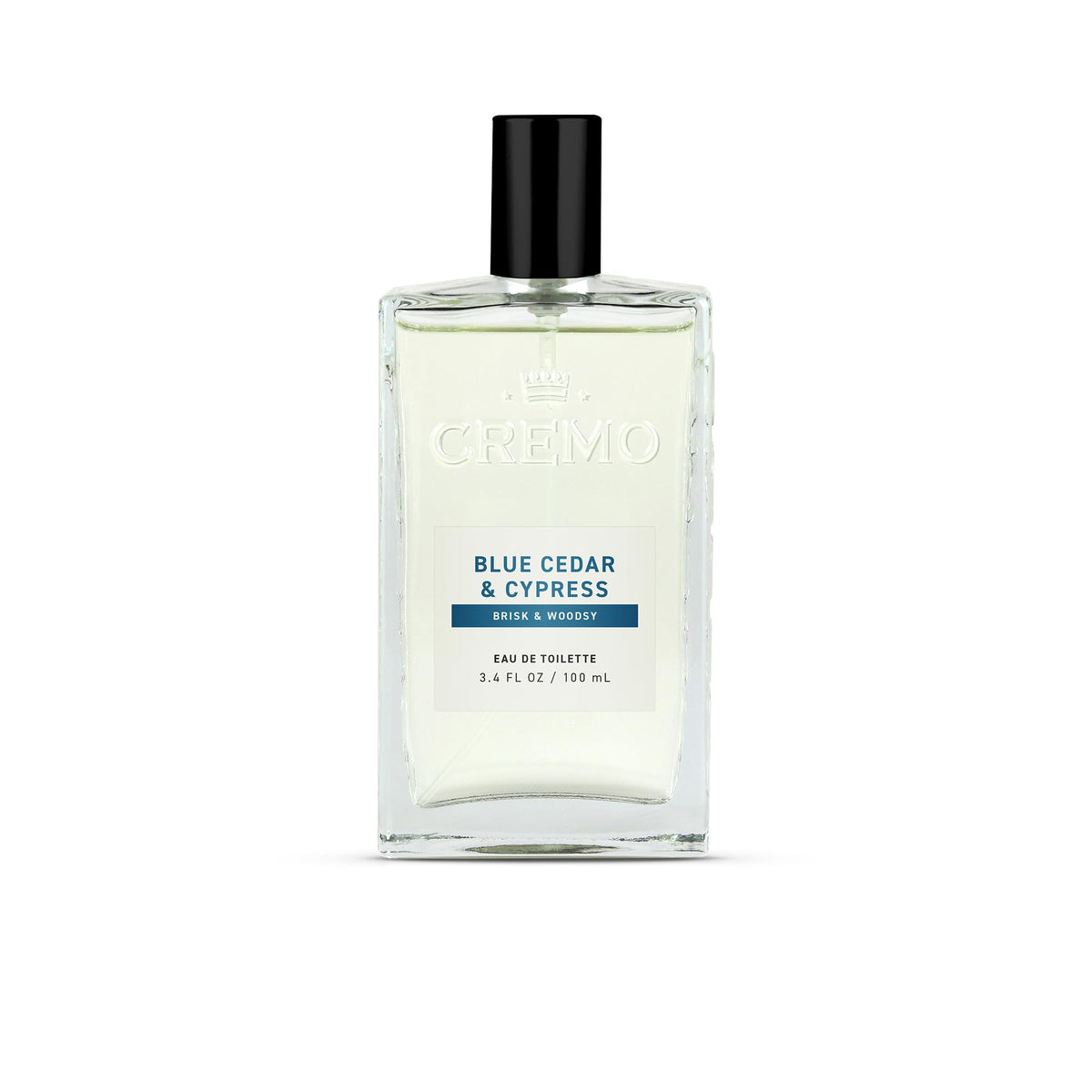 Cremo front bottle showing Blue Cedar & Cypress label and premium design benefit
