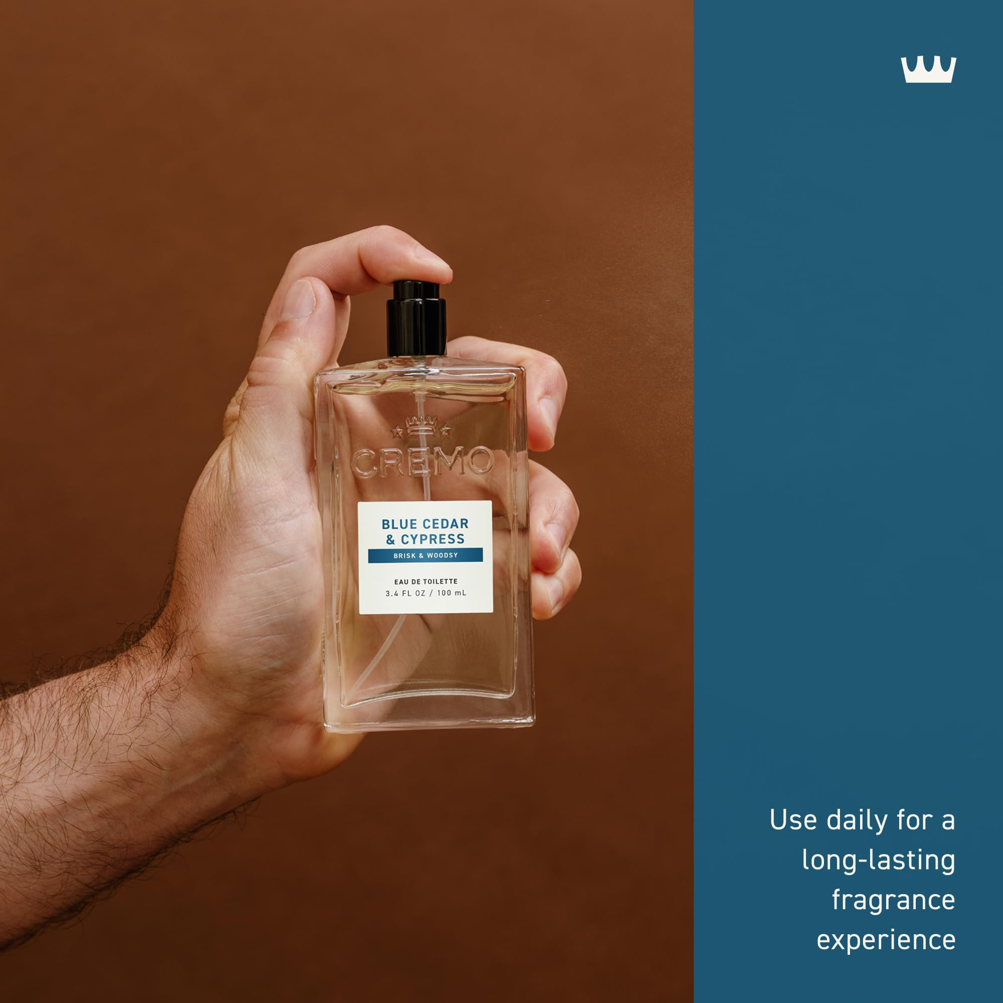 Cremo lifestyle image of man applying cologne showing effortless grooming benefit