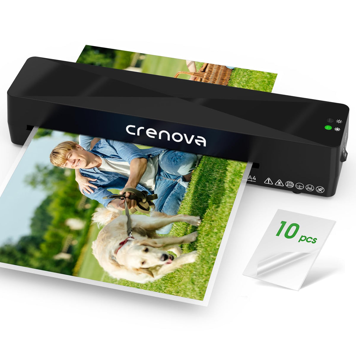 Crenova front view showing compact machine and A4 slot, fast protection