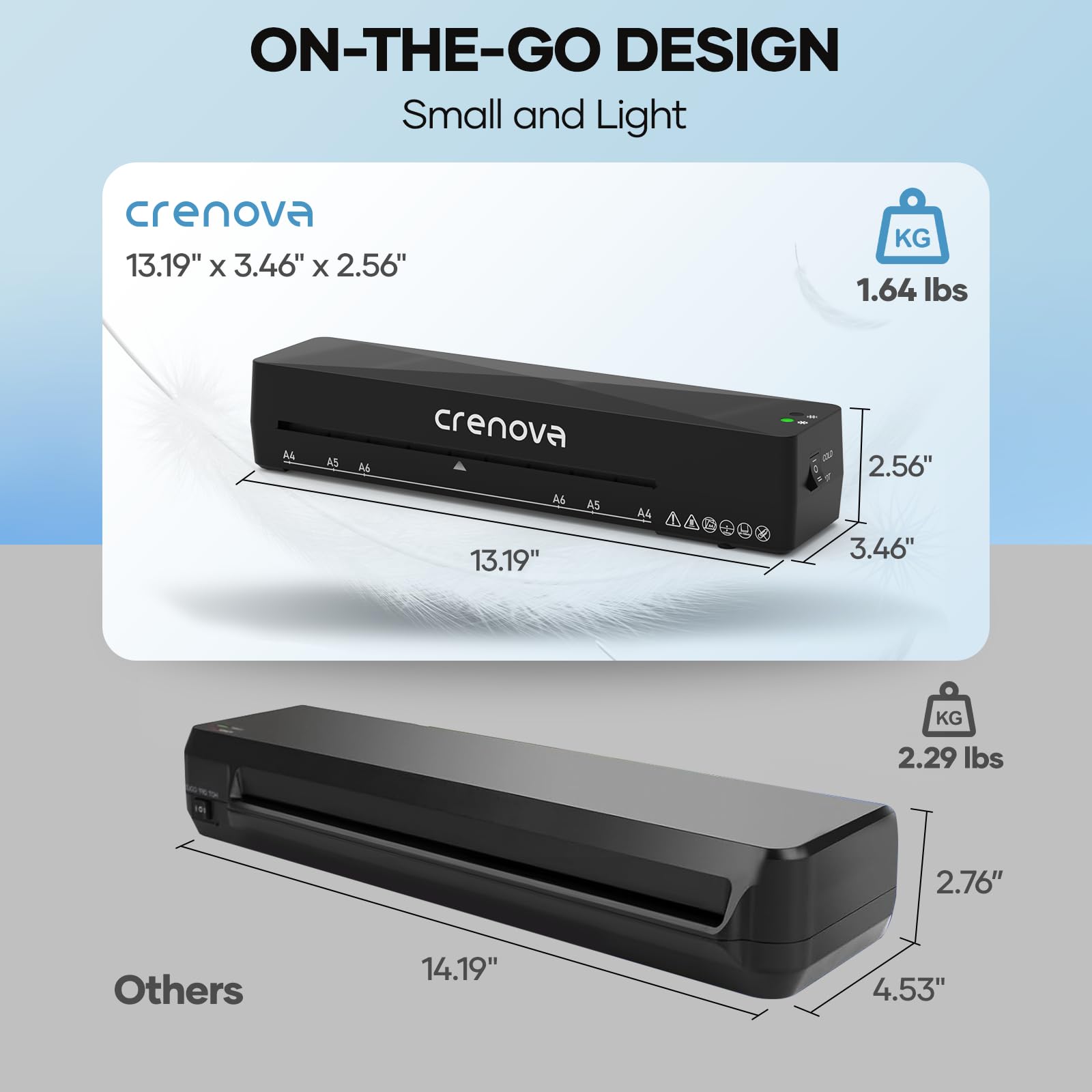 Crenova next to hand for scale, demonstrating lightweight portability