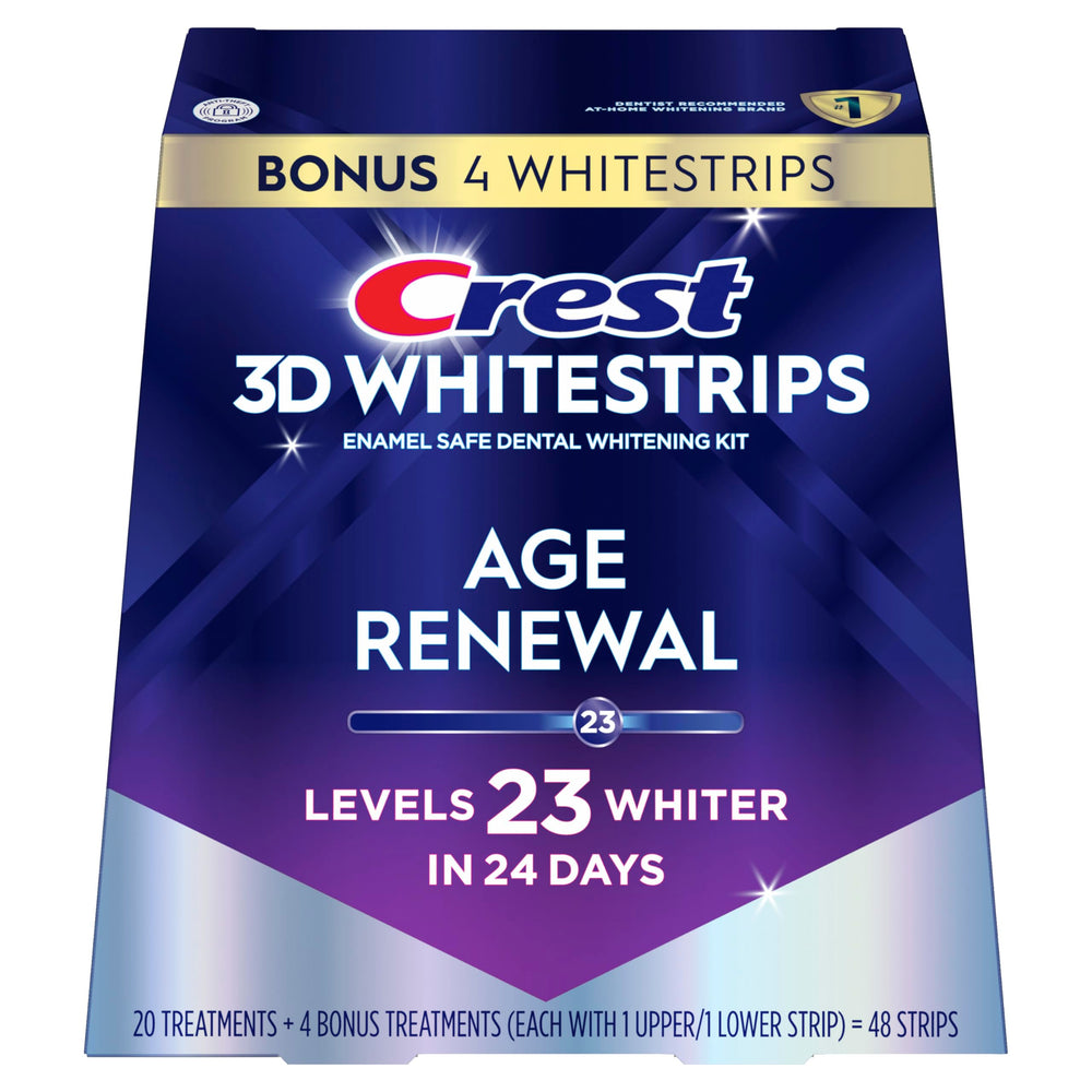 Crest 3D Whitestrips box front showing product and benefits for confidence