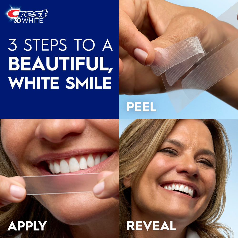Crest 3D Whitestrips packaging contents overhead view showing included treatments