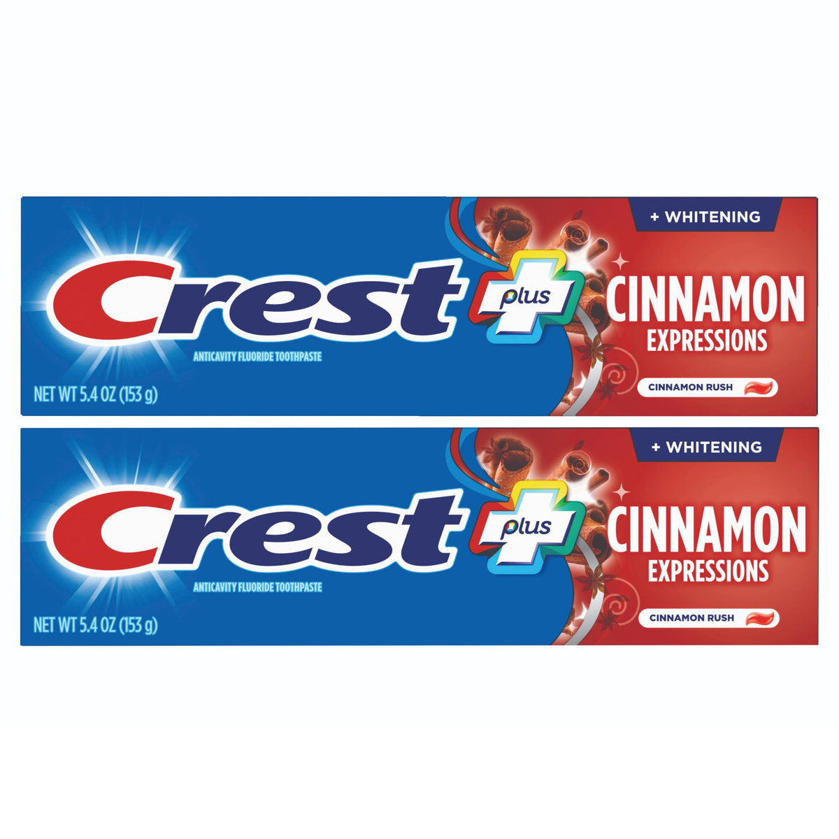 Crest front packaging showing two 6 oz tubes and bold cinnamon benefit