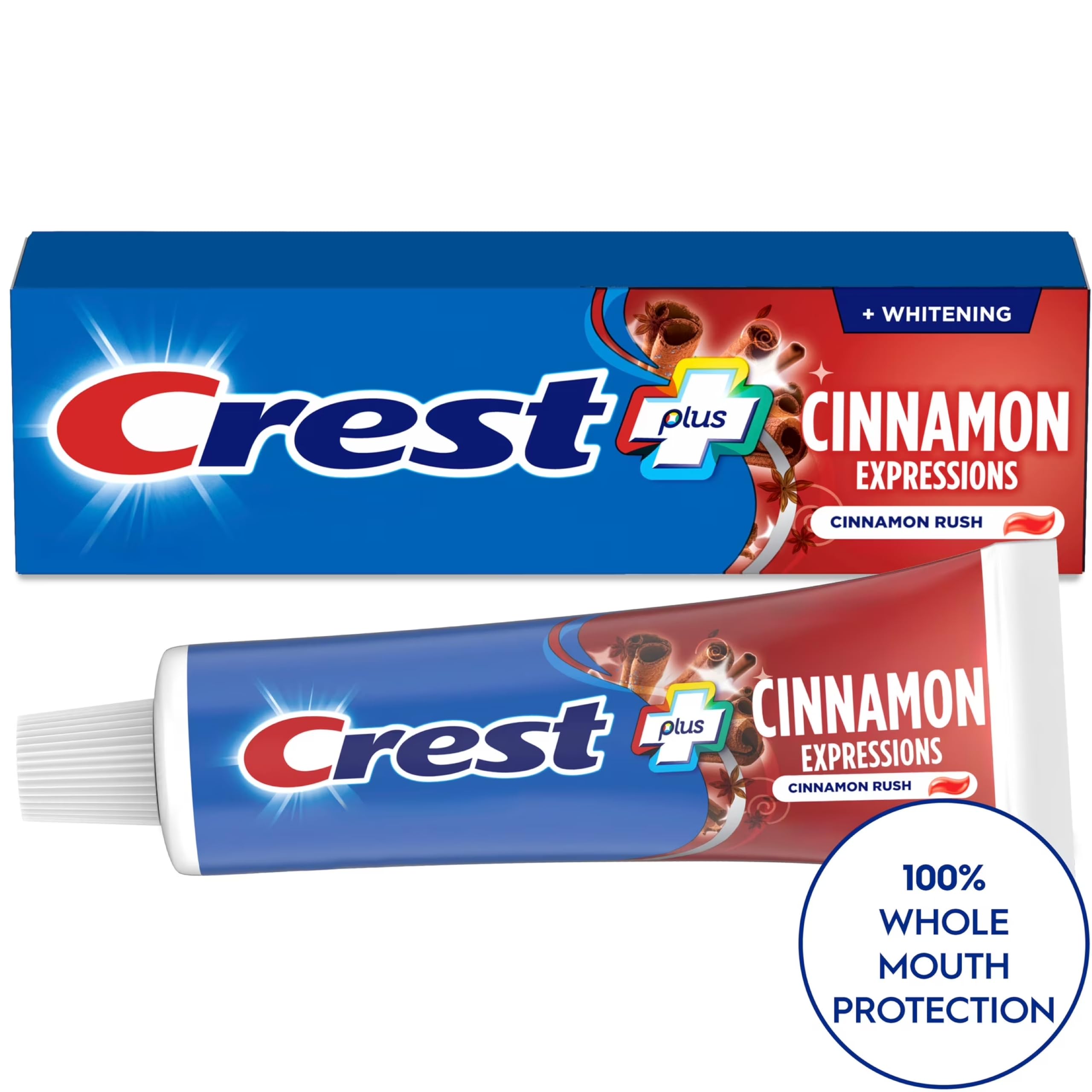 Label close-up on Crest tube highlighting fluoride and whitening benefits