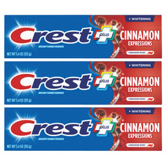 Crest cinnamon tube front packaging showing three 5.4 ounce boxes and bold cinnamon branding for flavor