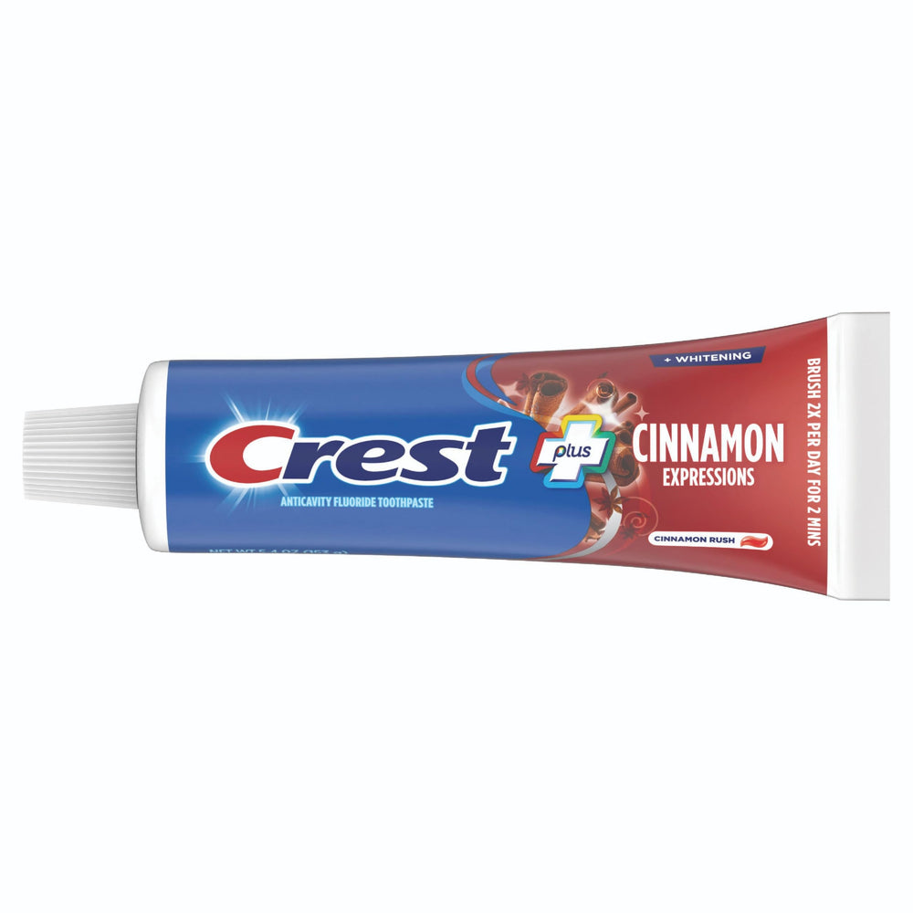 Detailed view of Crest cinnamon label listing fluoride and multi-benefit claims for ingredient clarity