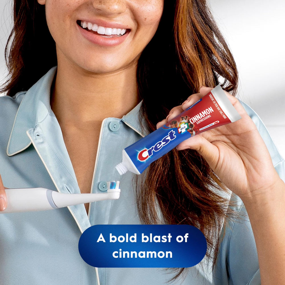Crest toothpaste beside common items to show 6 ounce tube size and travel convenience
