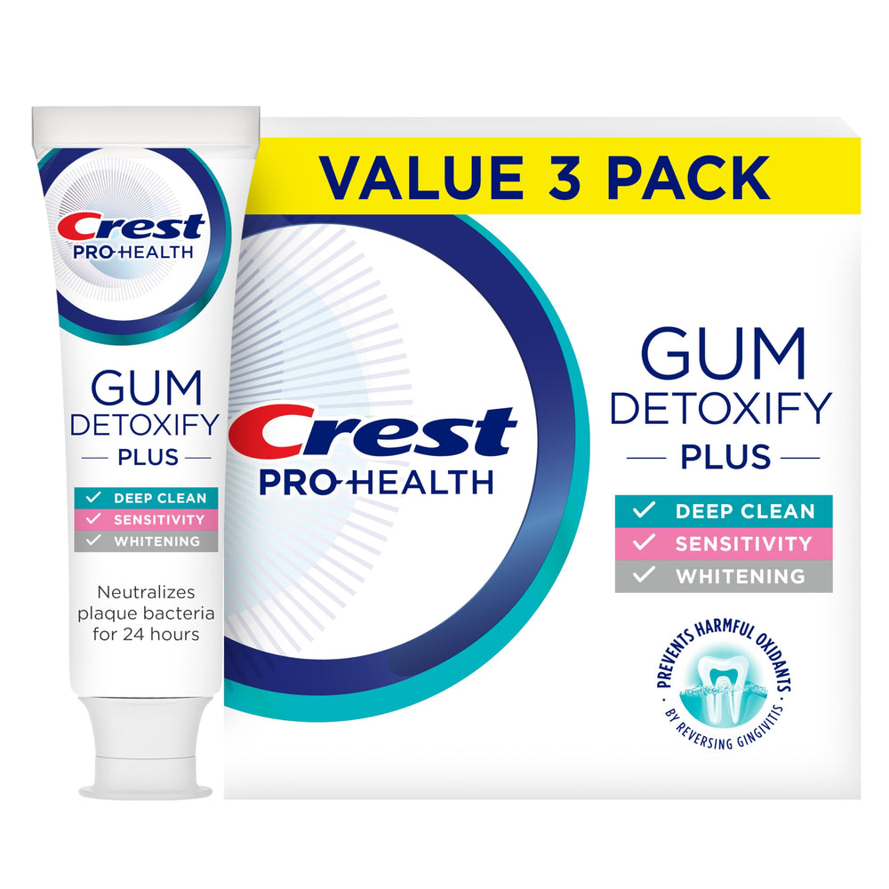 Crest Gum Detoxify front packaging showing product benefits and pack of three