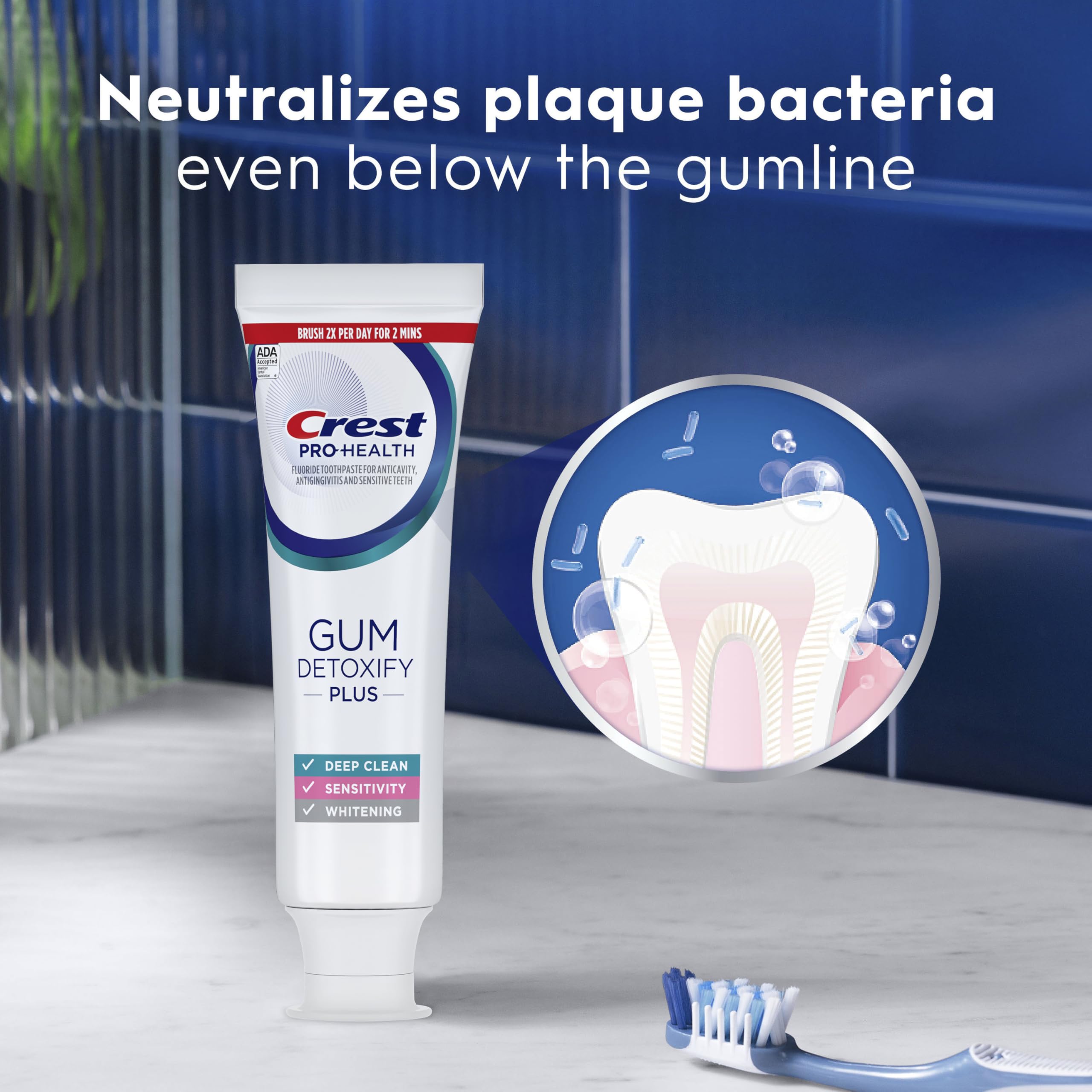 Label details on Crest Gum Detoxify tube highlighting stannous fluoride features