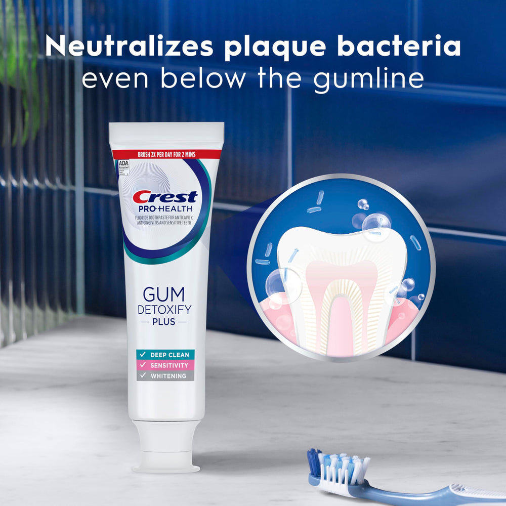 Label details on Crest Gum Detoxify tube highlighting stannous fluoride features