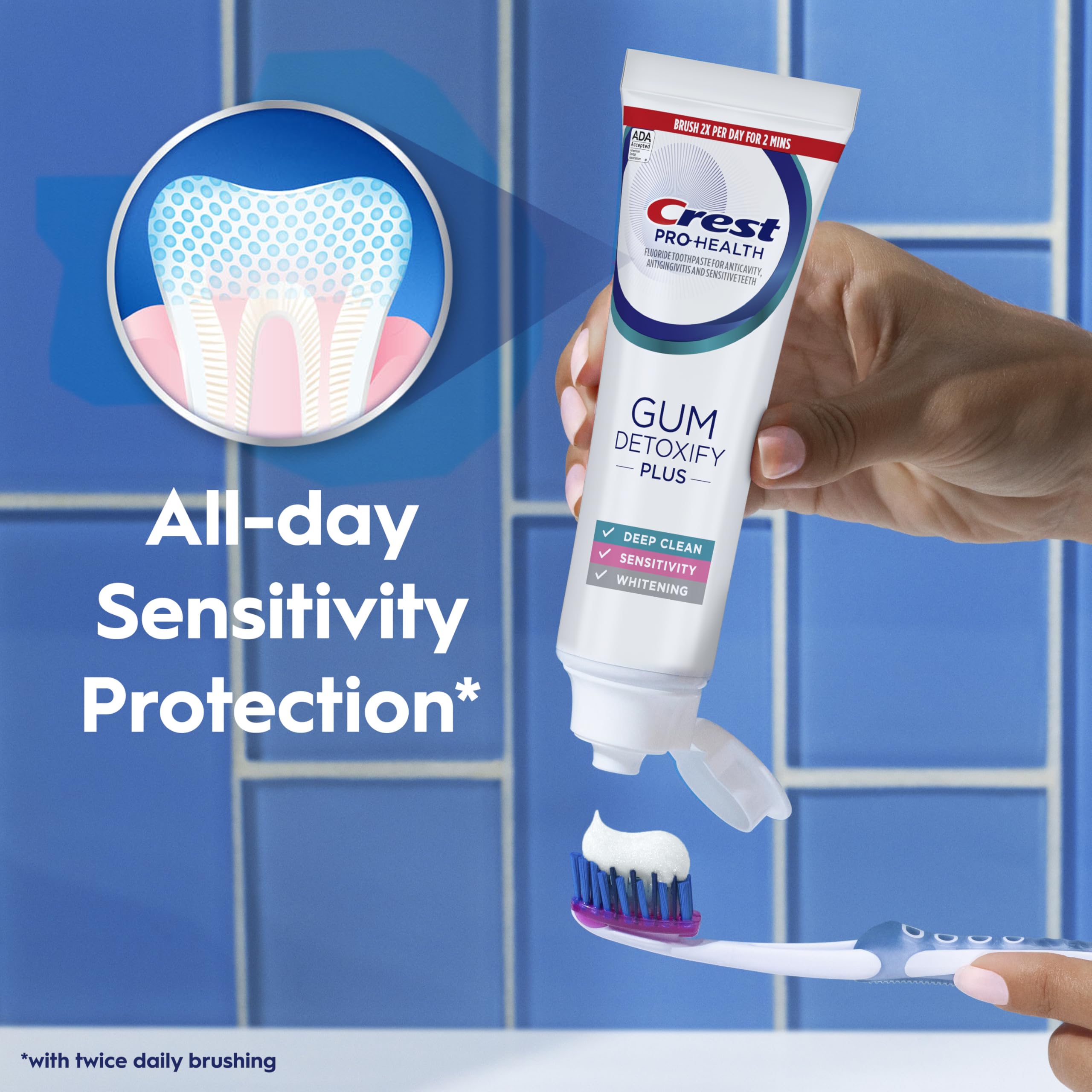 Close-up of Crest Gum Detoxify tube nozzle showing easy-dispense and control