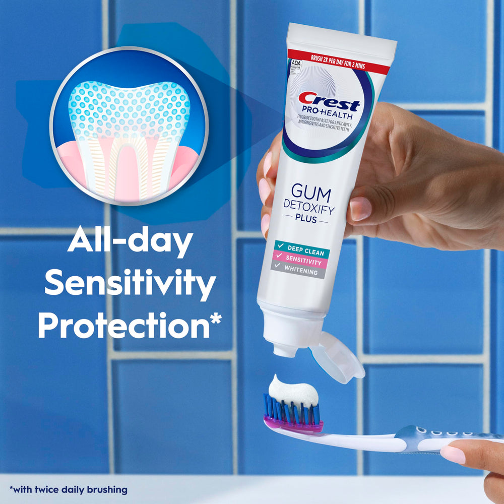 Close-up of Crest Gum Detoxify tube nozzle showing easy-dispense and control