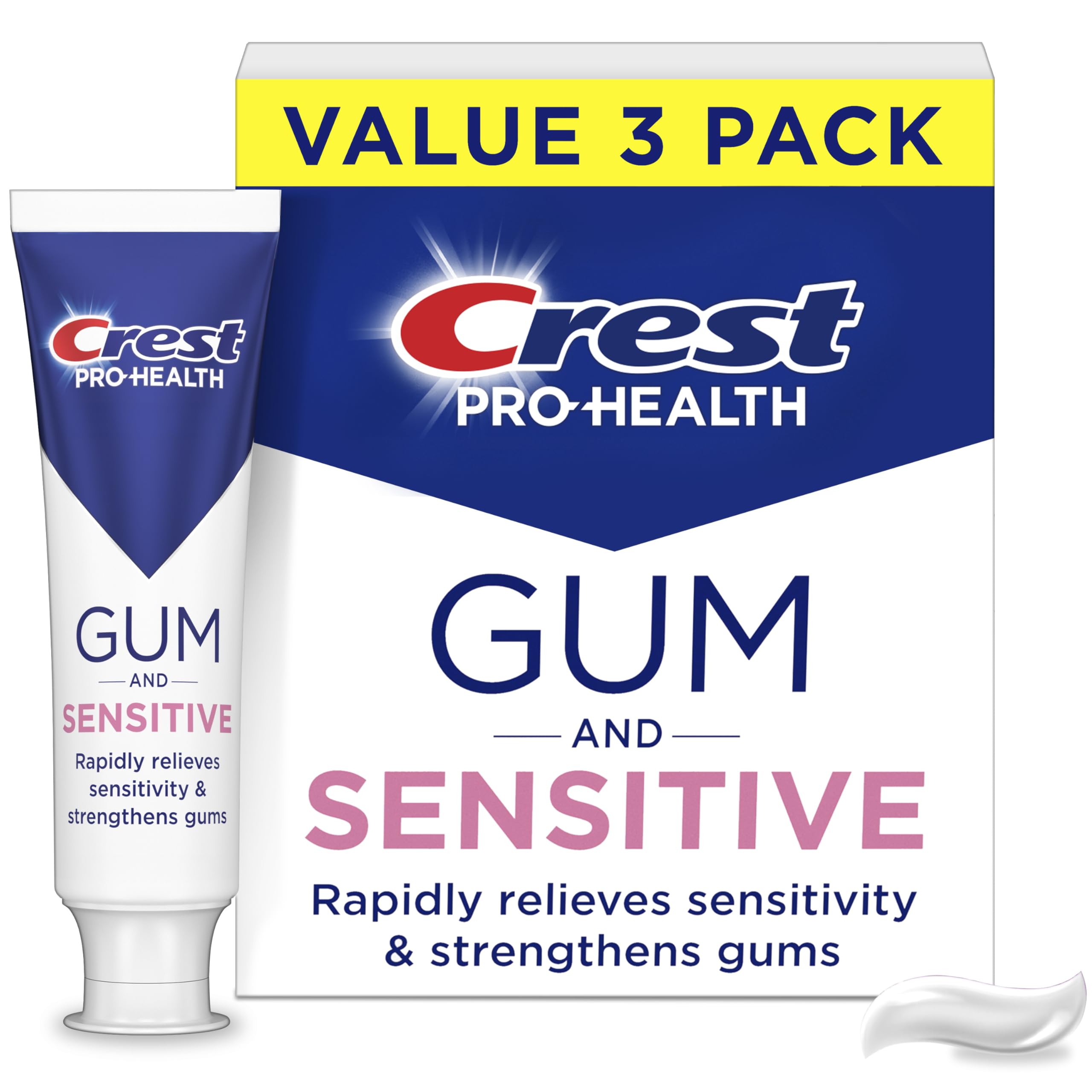 crest front view of three-pack showing gum and sensitivity relief benefits