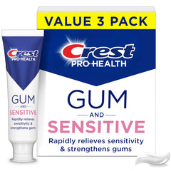 crest front view of three-pack showing gum and sensitivity relief benefits