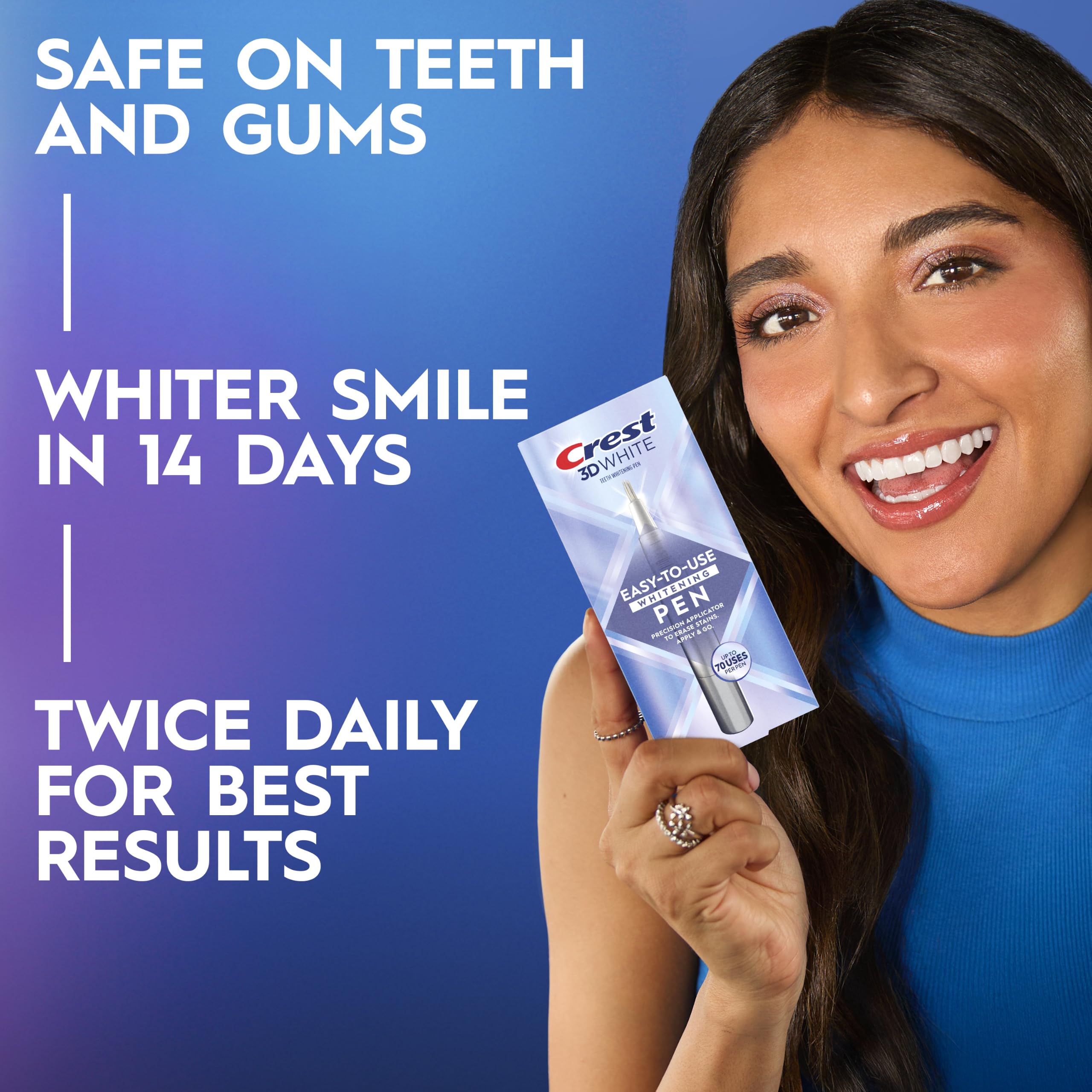 Crest pen in hand with applicator ready for targeted whitening on-the-go