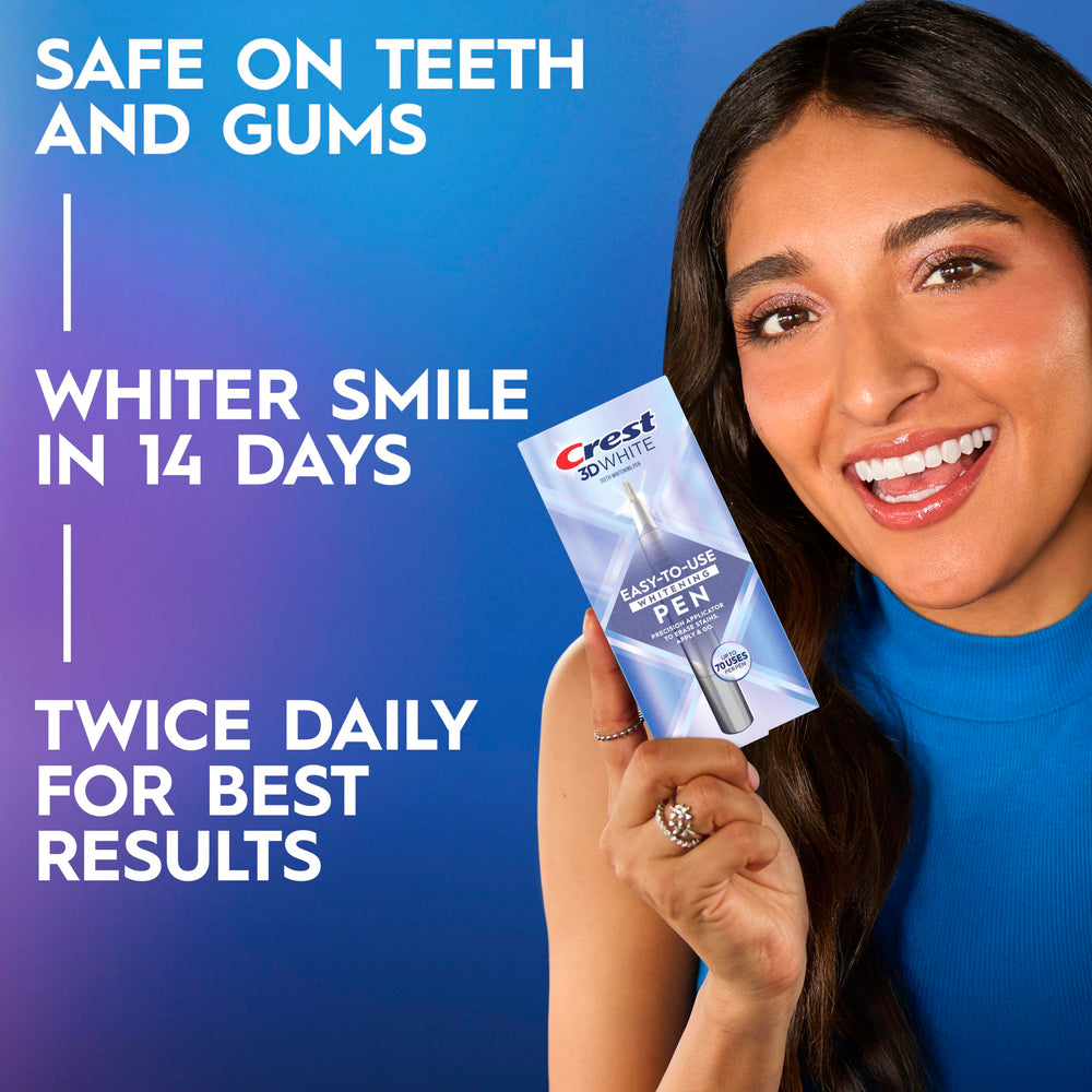 Crest pen in hand with applicator ready for targeted whitening on-the-go