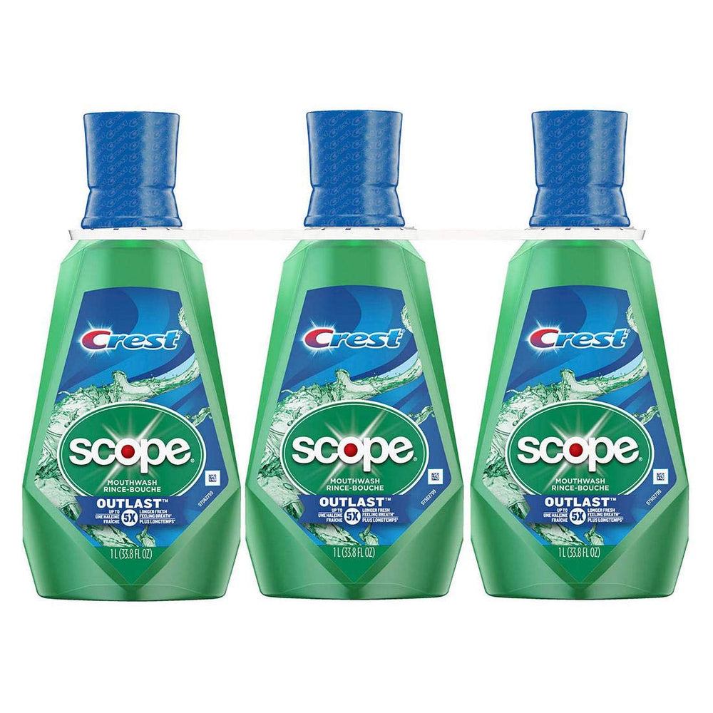 Crest Scope Outlast front packaging showing three bottles and clear peppermint benefit