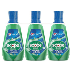 Crest Scope Outlast front packaging showing three bottles and clear peppermint benefit