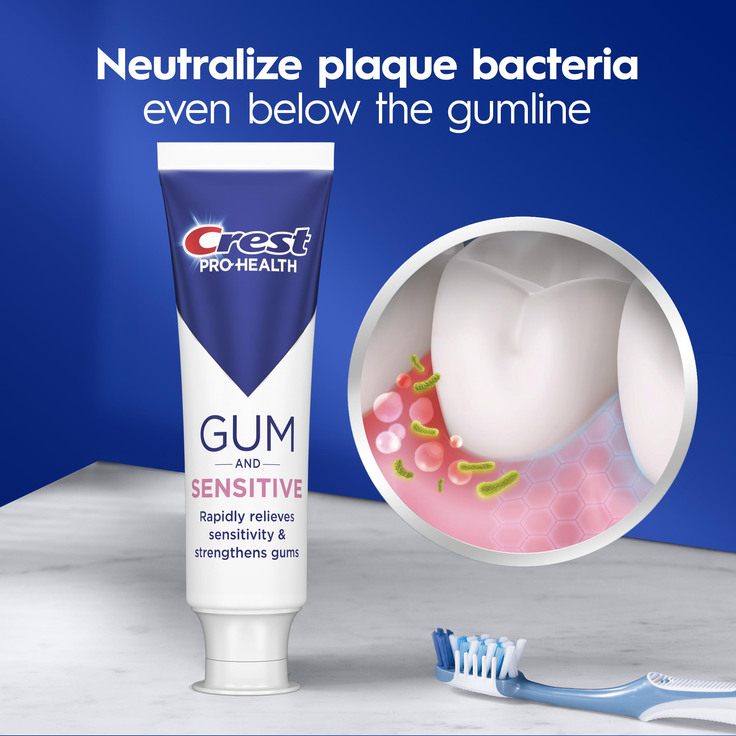 toothbrush loaded with crest paste showing ready-to-use sensitivity protection