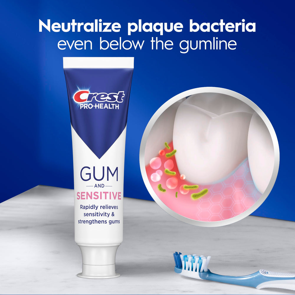 toothbrush loaded with crest paste showing ready-to-use sensitivity protection
