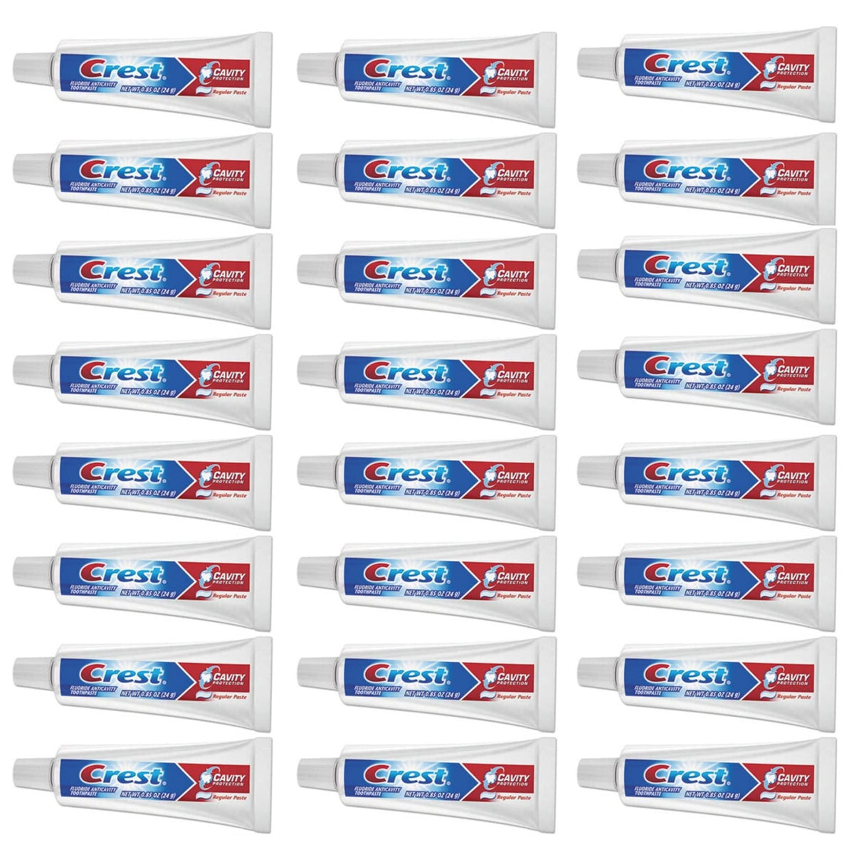 Crest travel tube front packaging showing brand and travel-size convenience
