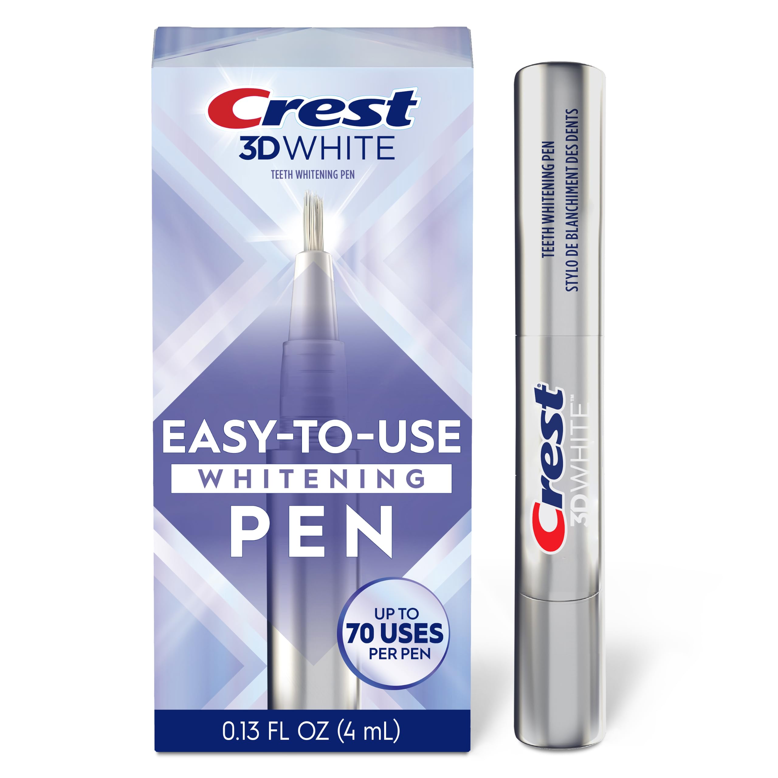 Crest whitening pen front packaging showing product benefit of easy portability