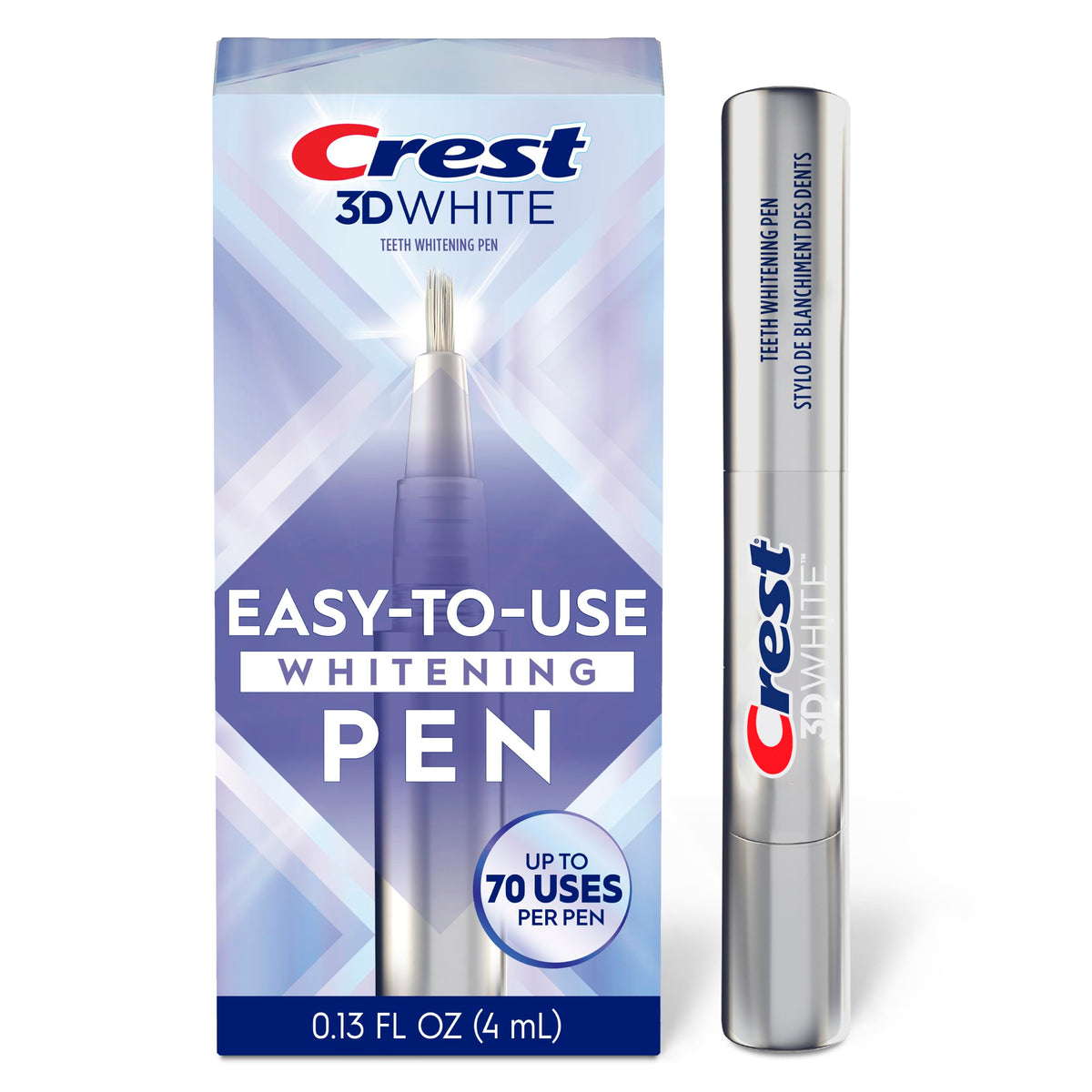 Crest whitening pen front packaging showing product benefit of easy portability