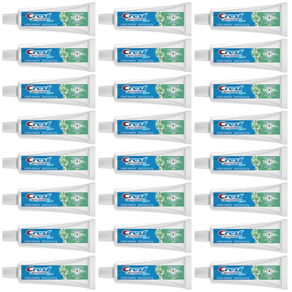 Crest tube front packaging showing product name and travel size for fresh breath