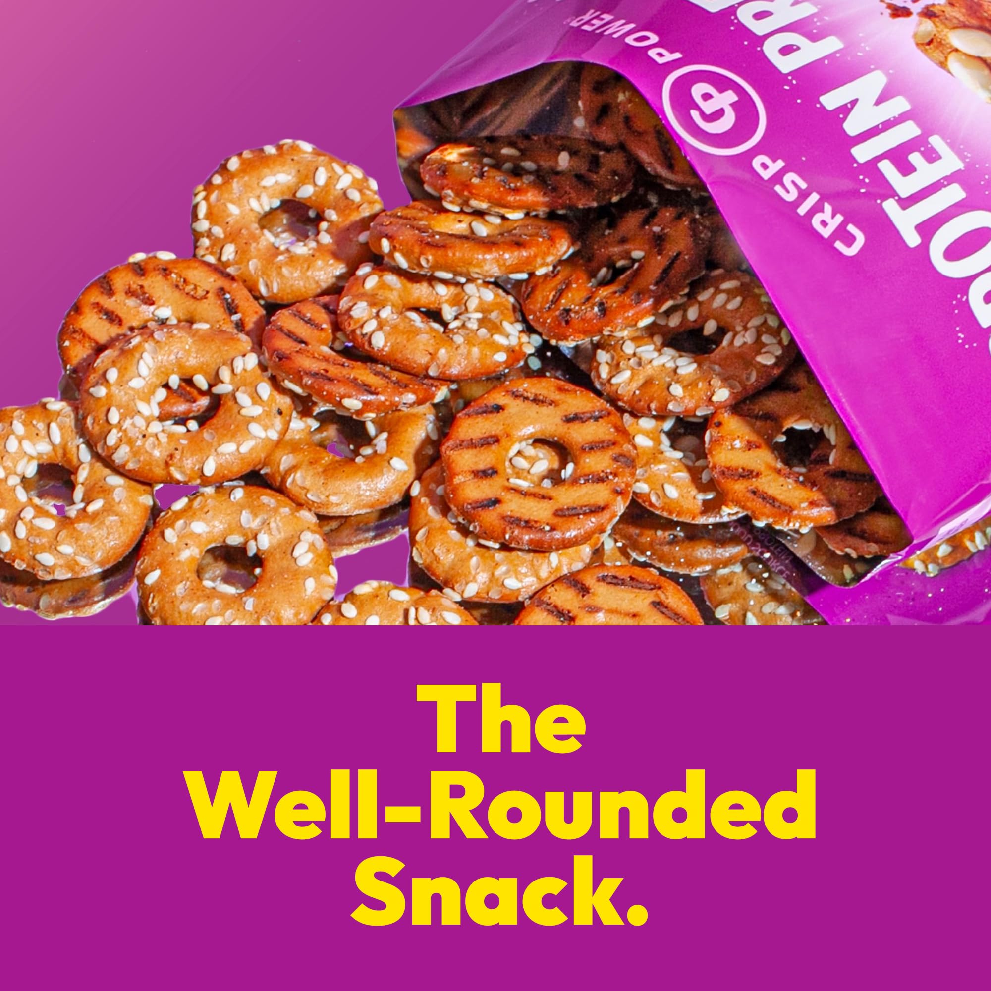 CRISP POWER ingredient layout with sesame seeds and plant-protein emphasizing clean formula
