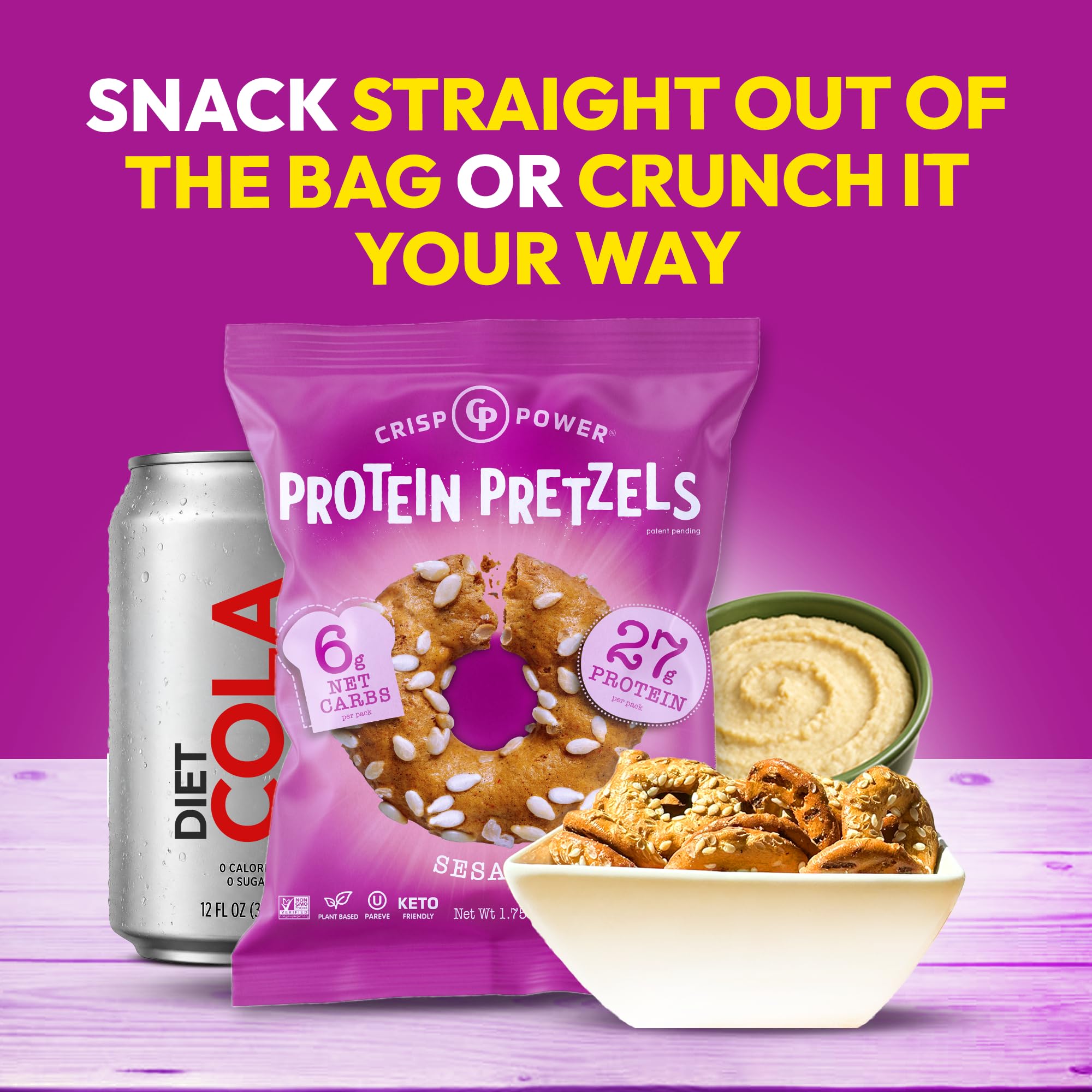 CRISP POWER bowl of sesame protein pretzels in kitchen for quick satisfying snack