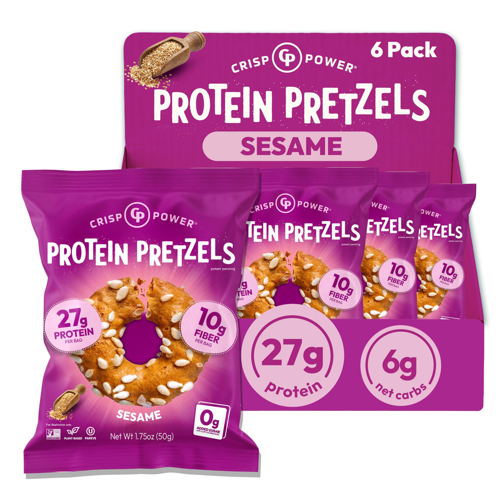 CRISP POWER front packaging showing sesame protein pretzels and nutrition benefits