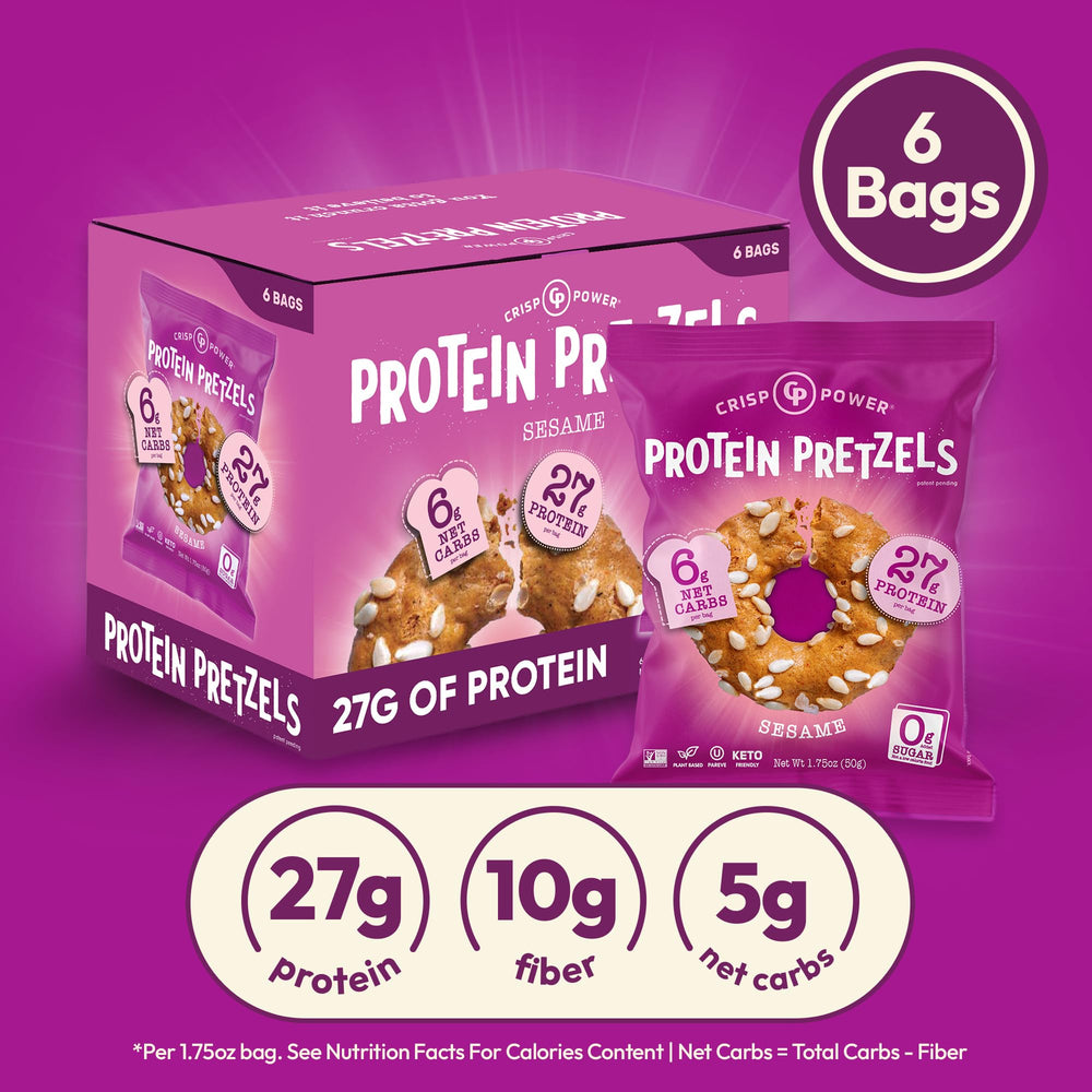 CRISP POWER pretzel held in hand to show serving size and portable snacking benefit