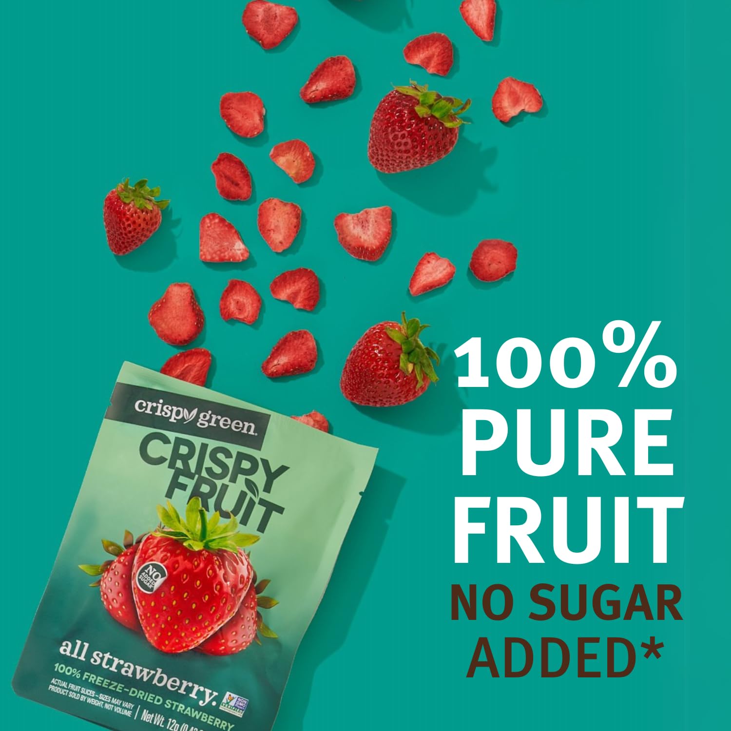 Crispy Green pouch in hand showing 0.42 oz portion size