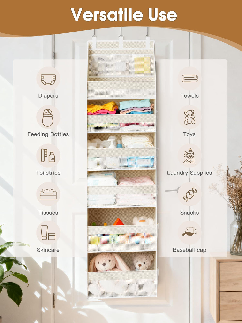 Criusia in bathroom with towels and toiletries improving order