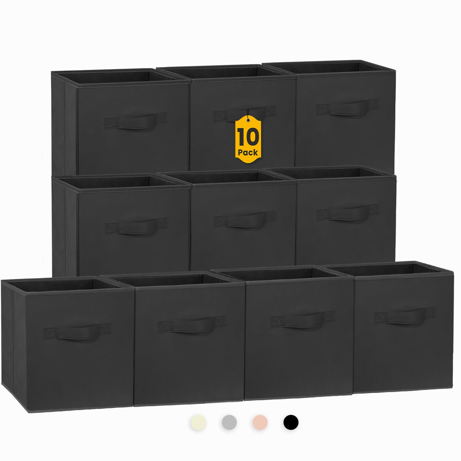 Criusia front view of ten black fabric storage cubes showing uniform shelf-ready appearance and tidy organization